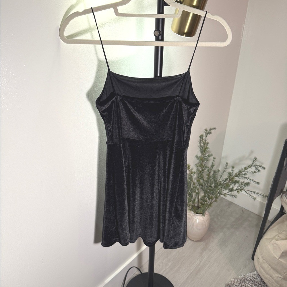 Urban Outfitters minidress black velvet perfect LBD stretch spaghetti straps sml